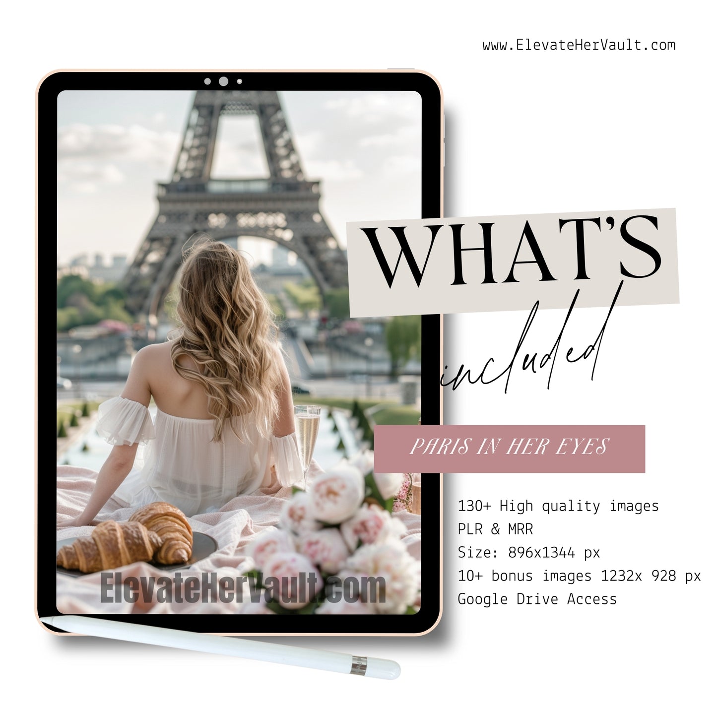 What’s Included graphic for Paris in Her Eyes stock photo bundle with Eiffel Tower picnic preview and specs.”