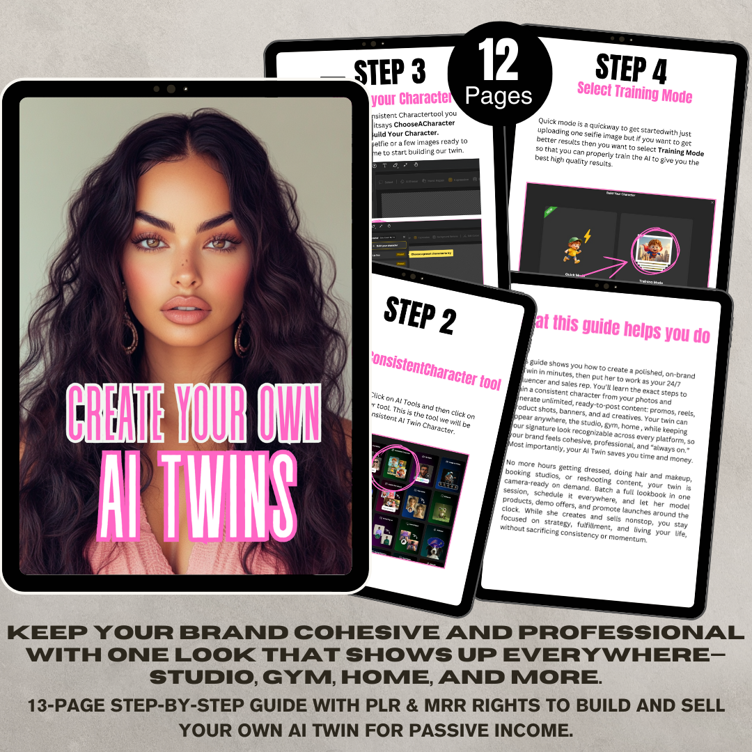 Promotional graphic for creating AI twins with text and images of a woman.