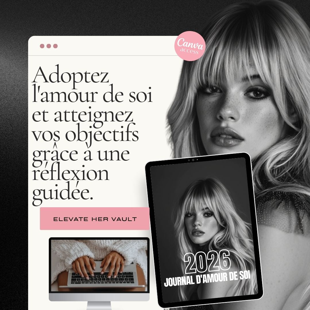 Promotional graphic for 'Elevate Her Vault' with a woman's face, tablet, and text on a black background.