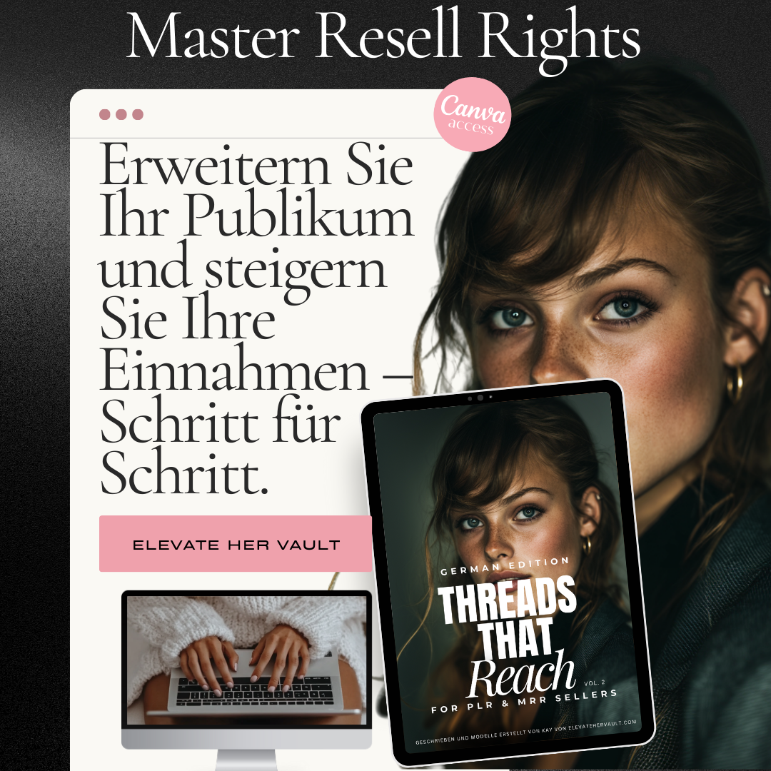 Promotional graphic for 'Threads That Reach' with text about master resell rights and Canva branding.