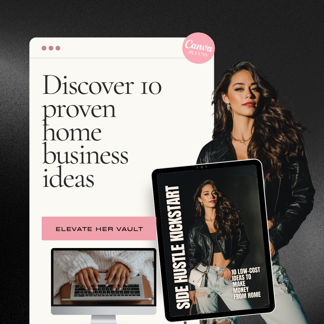 Woman holding a tablet with 'Side Hustle Kickstart' book cover and computer monitor displaying text about home business ideas.
