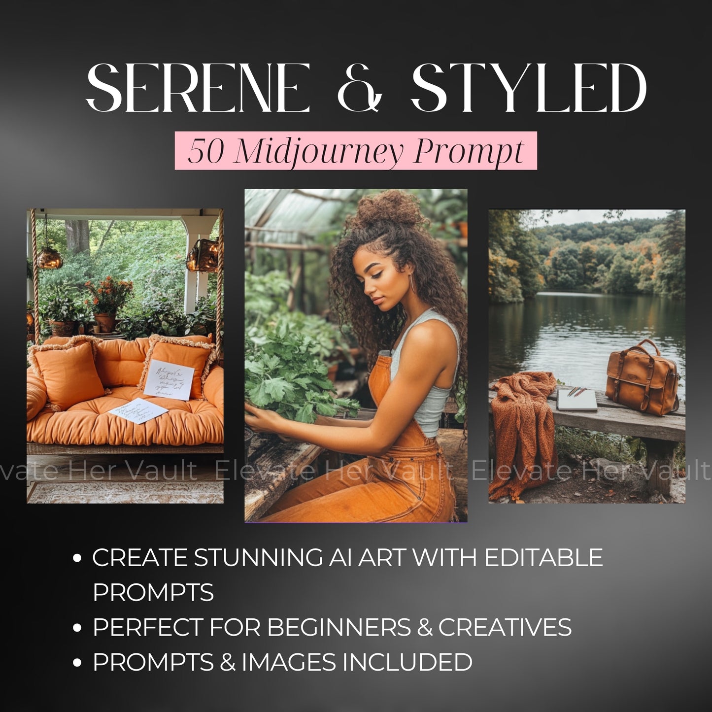 Serene & Styled – 50 MidJourney Prompts + Canva Visual Guide + How To Video PLR/MRR Included