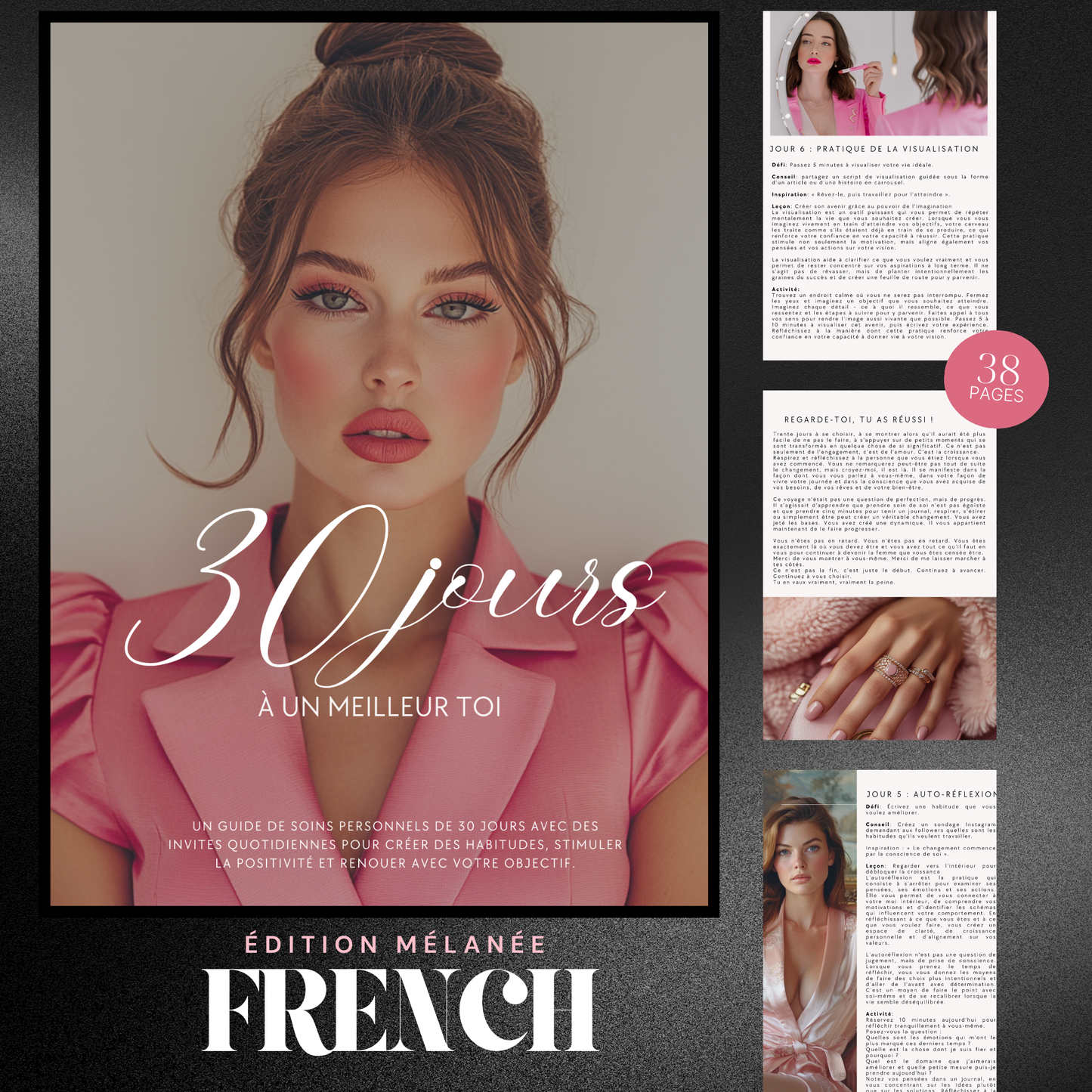Book cover with a woman in a pink outfit and text '30 jours à un meilleur toi' on a gray background.