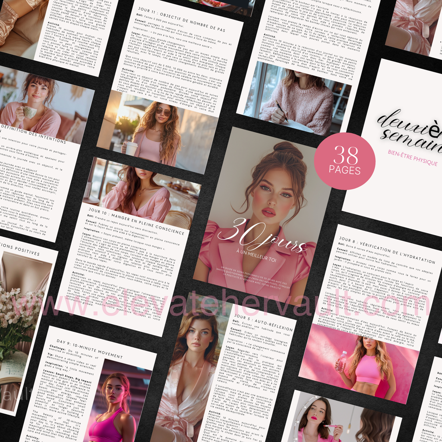 Collage of magazine pages with a woman in a pink outfit, featuring text and images.