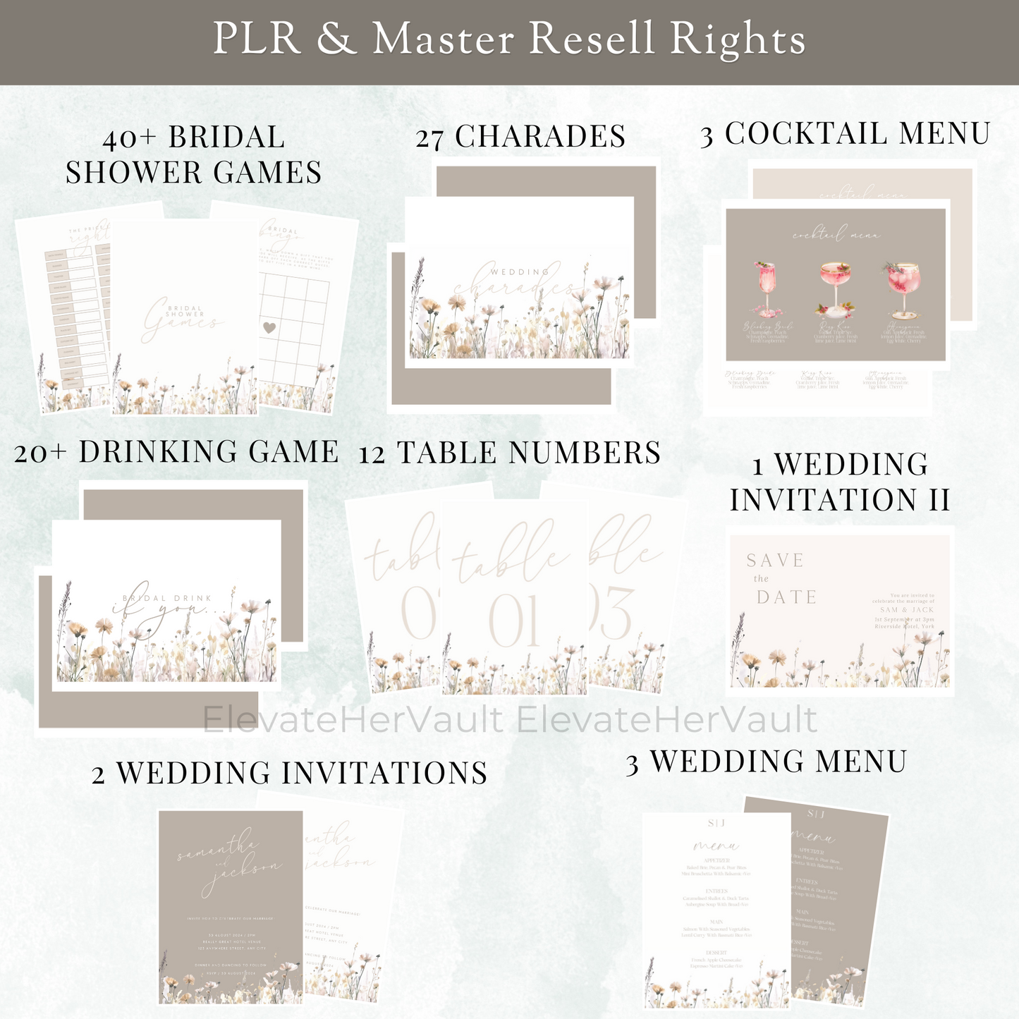Collection of wedding-related documents with text on PLR & Master Resell Rights. www.elevatehervault.com