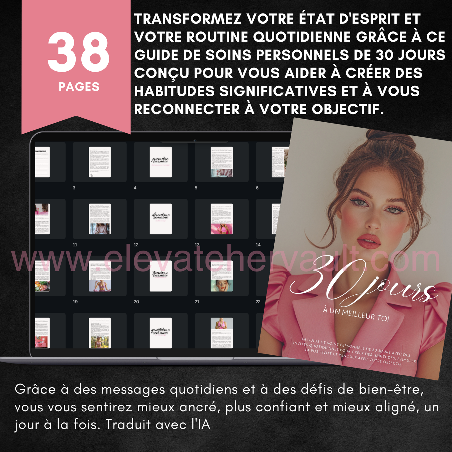 Promotional graphic for a 30-day personal care guide with an iPad displaying pages and a woman in a pink dress.