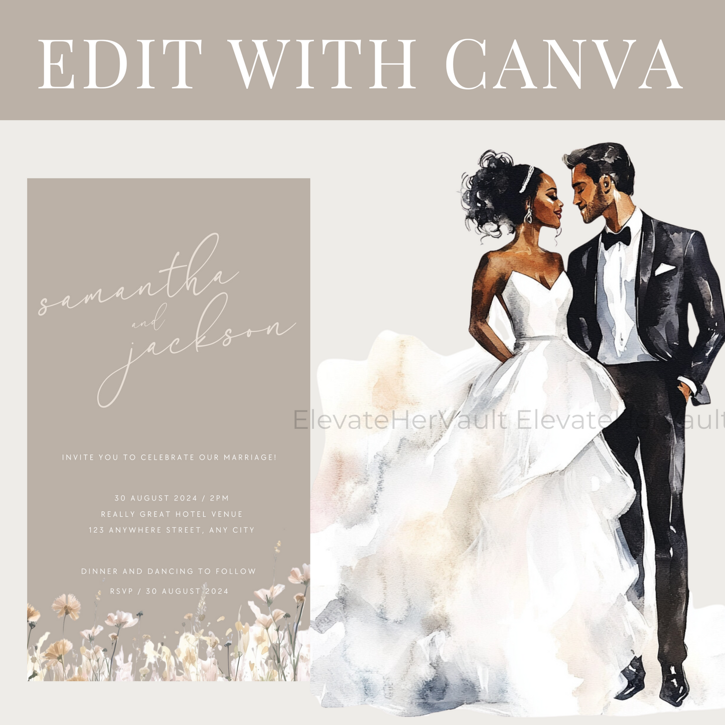 Wedding invitation with a couple in formal attire and 'Edit with Canva' text. www.elevatehervault.com