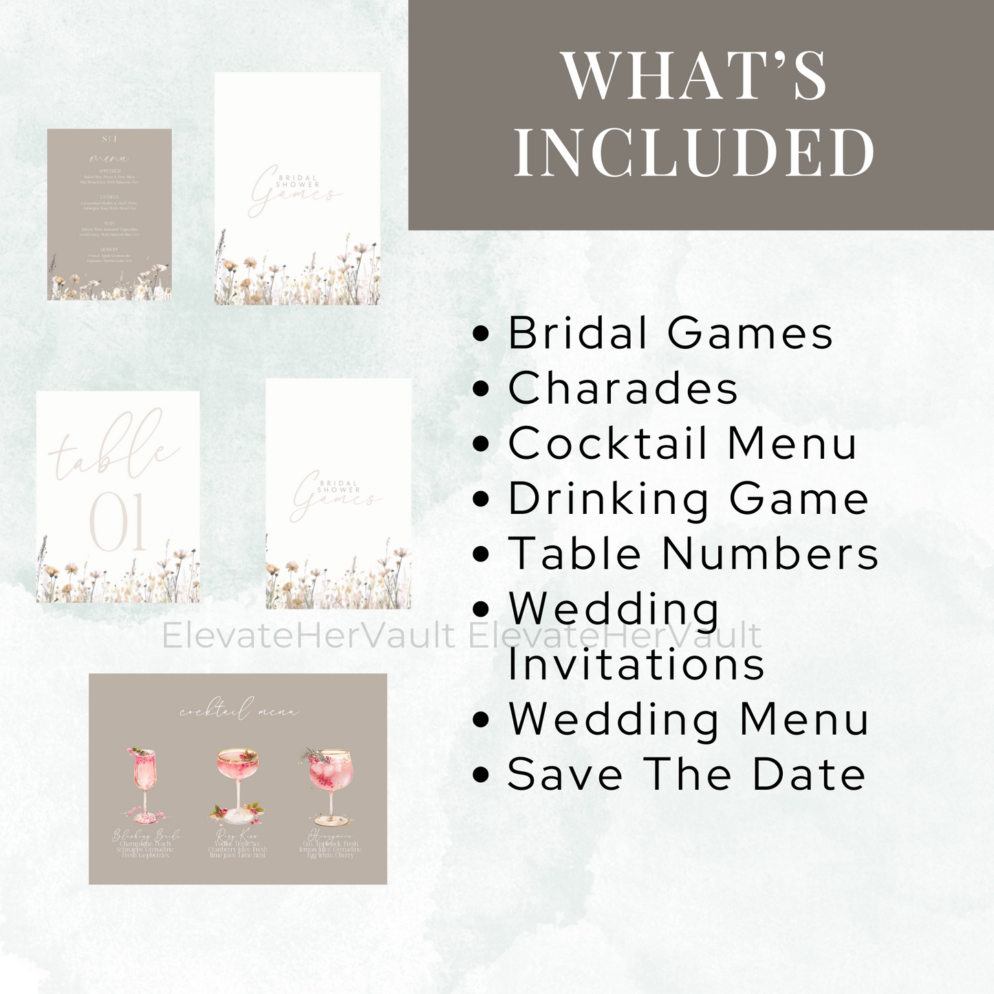 List of wedding-related items with corresponding images on a white background. www.elevatehervault.com
