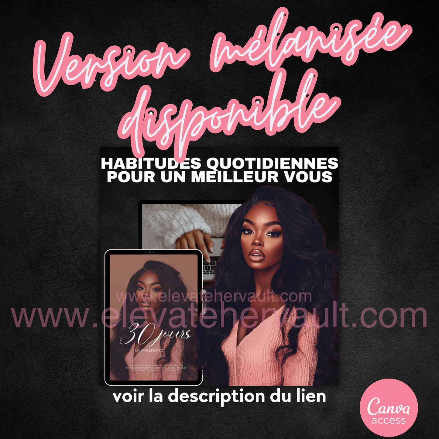 Promotional graphic with a woman's face and text about daily habits for a better self, with a dark background.