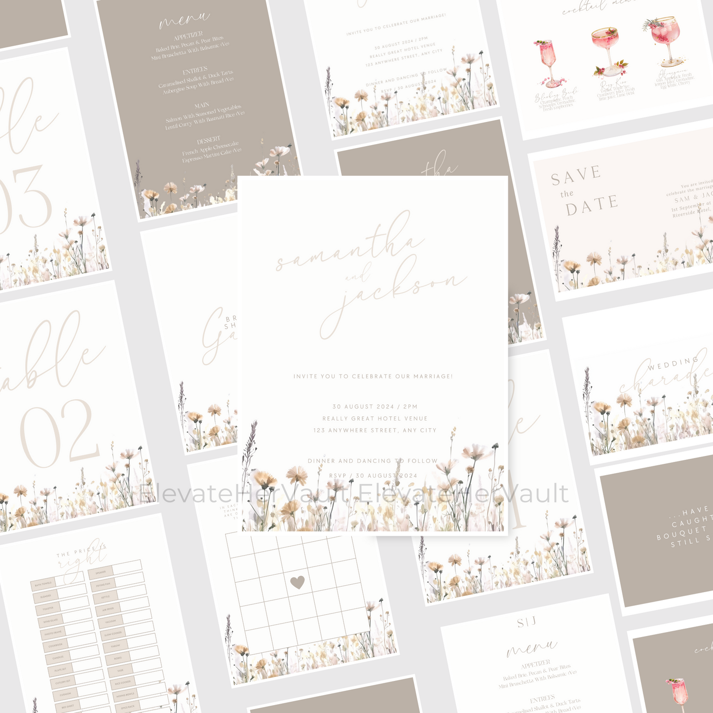 Collection of wedding invitation cards with floral designs and text on a white background. www.elevatehervault.com