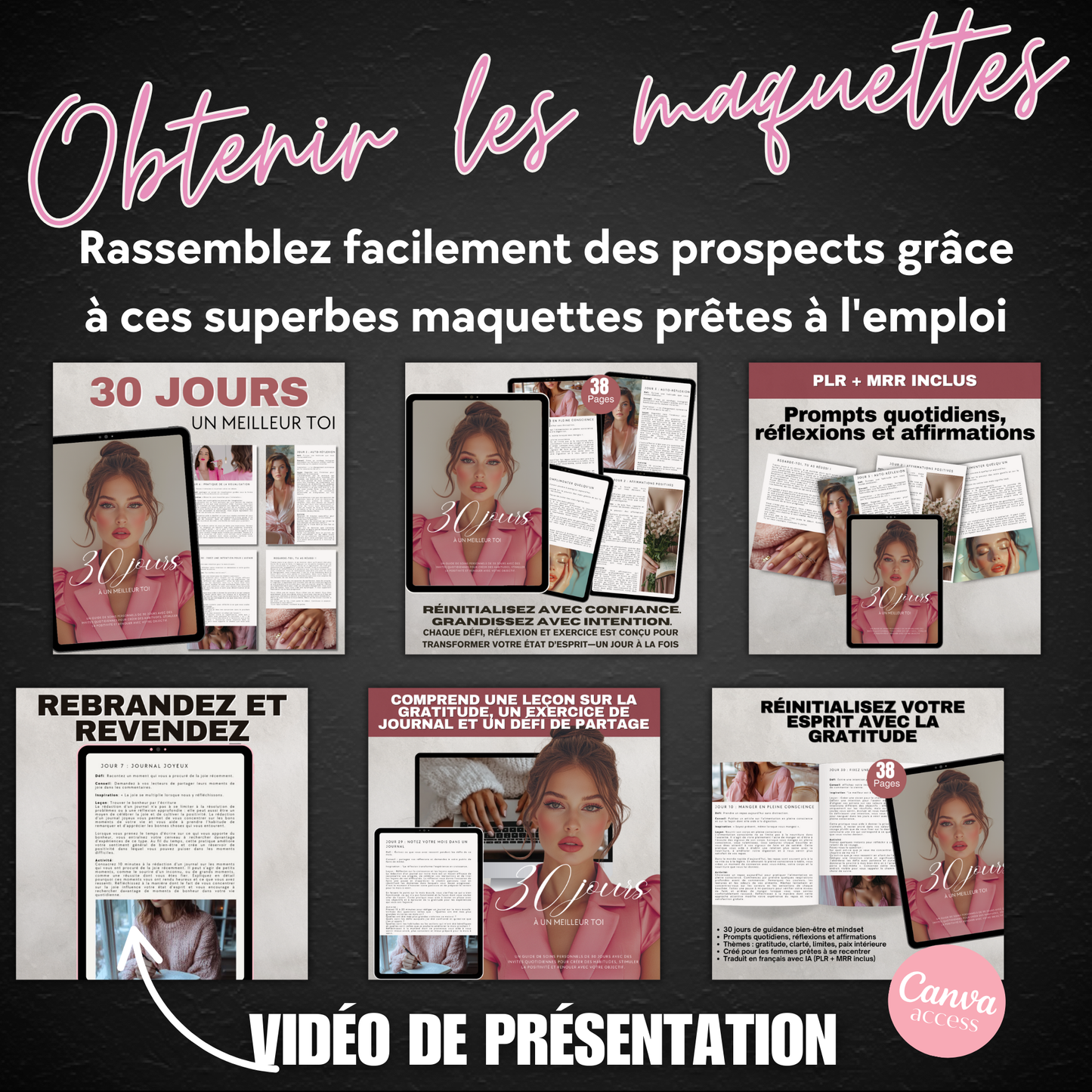 Promotional graphic for product maquettes with text and images of a woman on a black background.