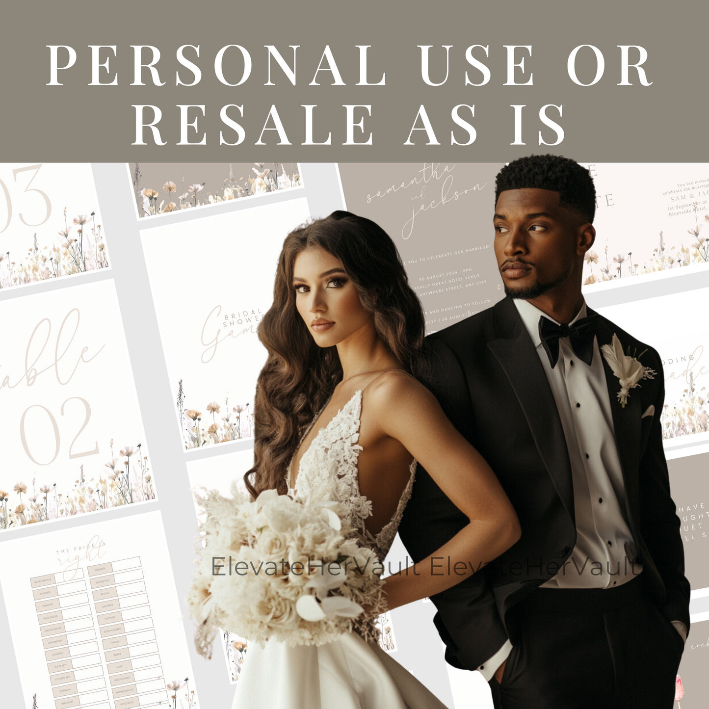 Man and woman in formal attire with wedding details in the background www.elevatehervault.com