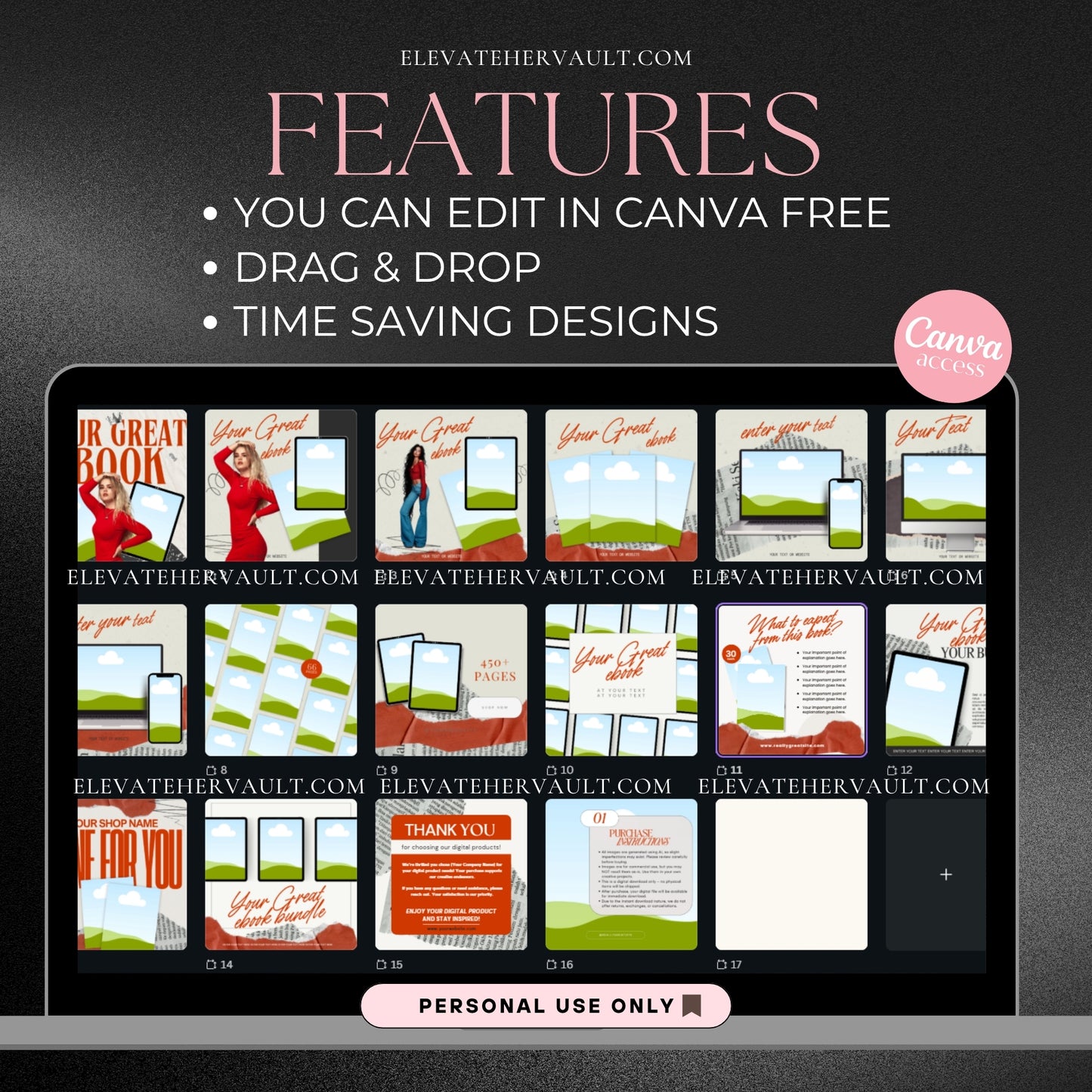 Canva Pro mockup feature highlight showing drag-and-drop design tools and editable templates. elevatehervault.com