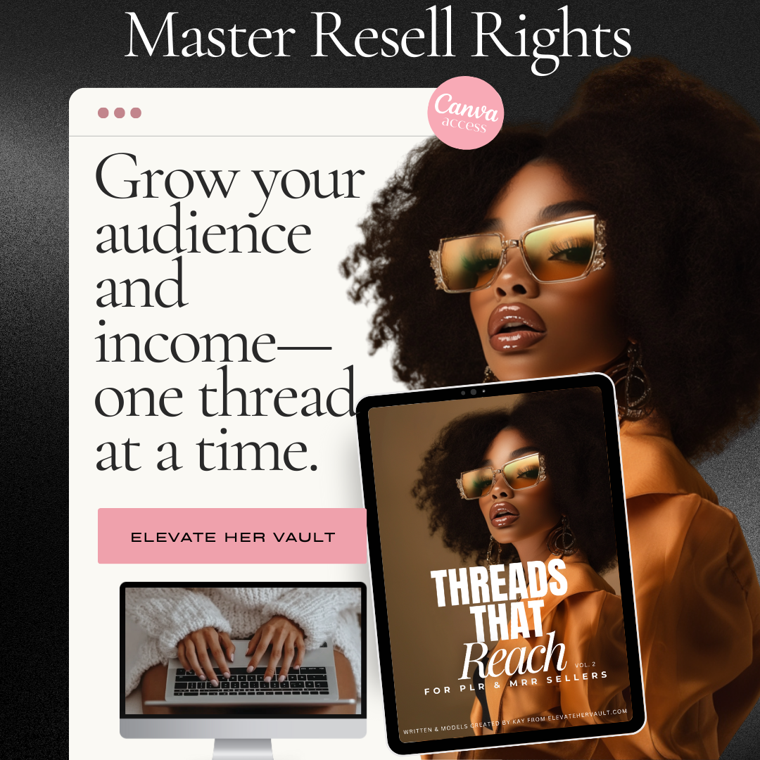 Woman wearing sunglasses with promotional text about growing an audience and income using 'Threads That Reach'. https://elevatehervault.com