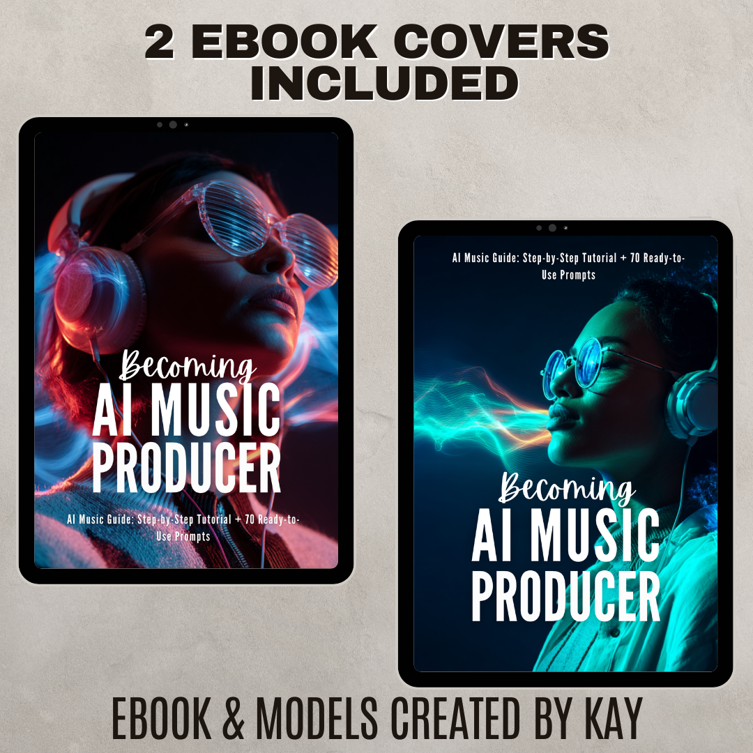 Two eBook covers for 'Becoming AI Music Producer' with a person wearing headphones and sunglasses on a gray background.