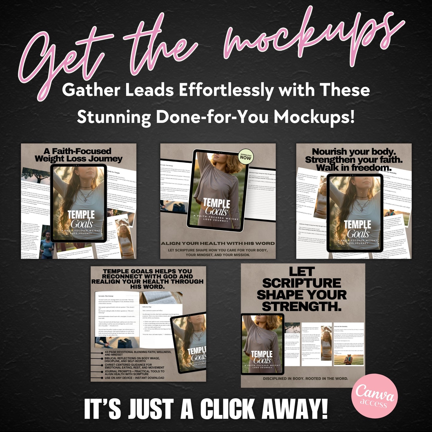 Digital mockup bundle with matching Canva listing templates for faith-based content. www.elevatehervault.com
