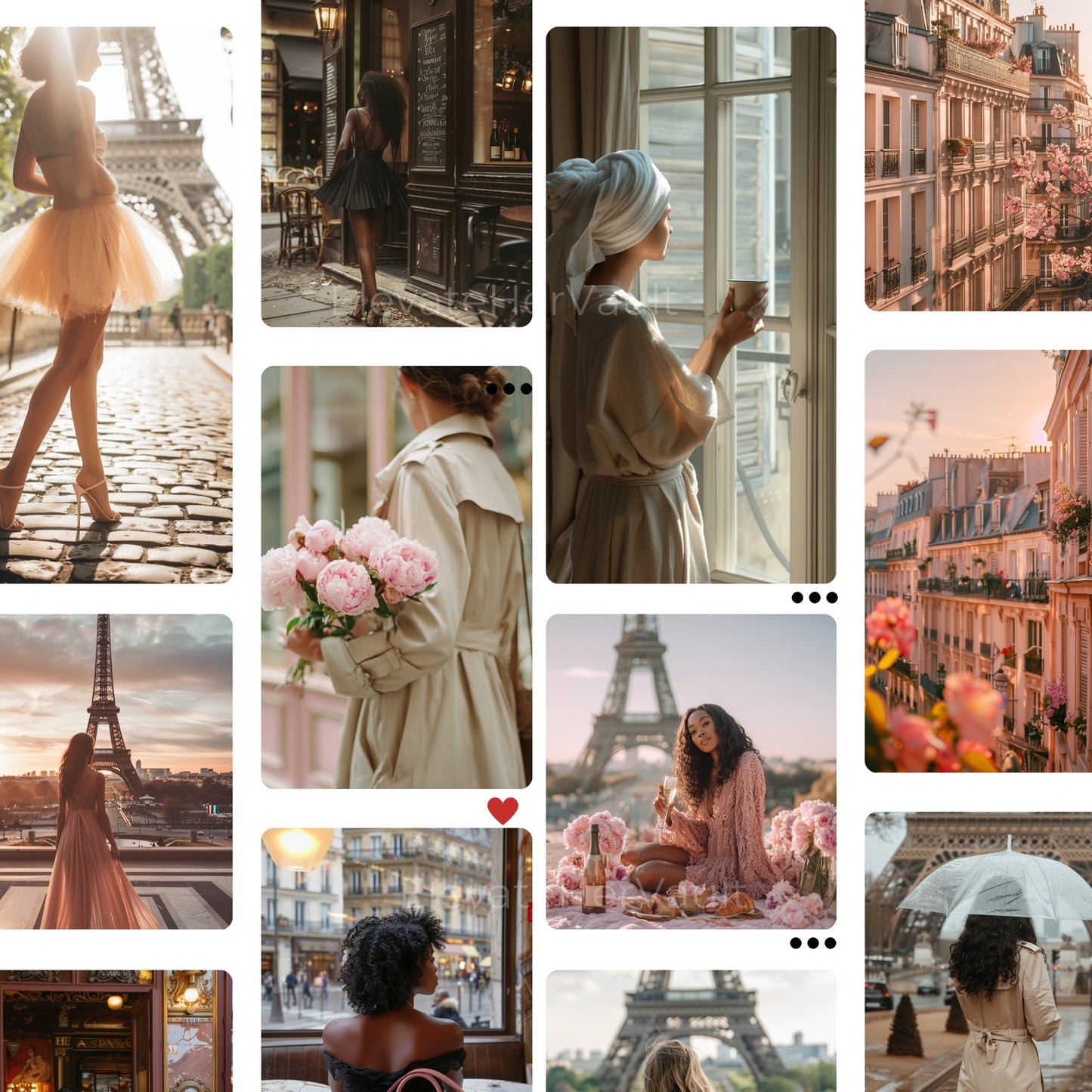 Collage of Paris-themed images including the Eiffel Tower, women in dresses, and cityscapes. Paris interiors and boutiques — pink drapes, floral storefronts, feminine aesthetic — www.elevatehervault.com