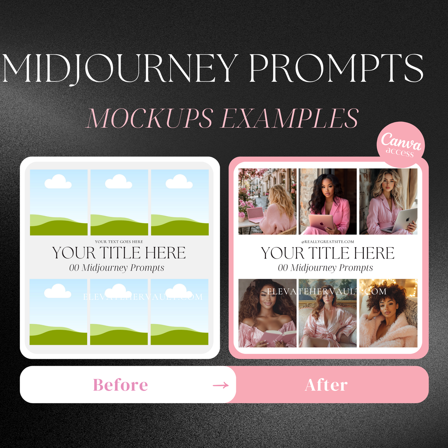 Midjourney mockup example showing professional product transformation – www.elevatehervault.com