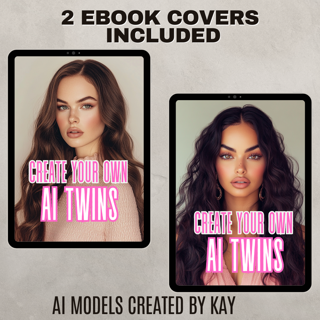 Two tablet screens displaying AI-generated twins with text 'Create Your Own AI Twins' and 'AI Models Created by Kay'.