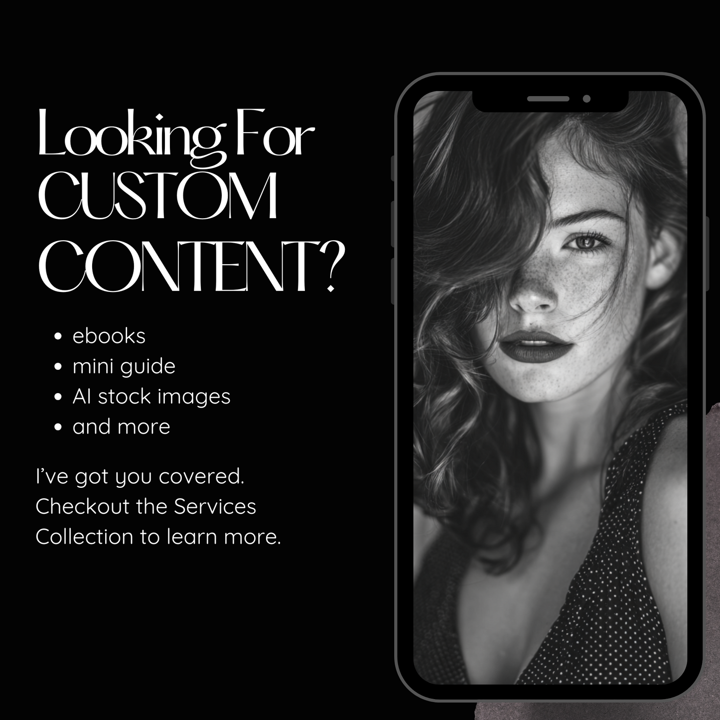 Phone displaying a woman's face with text about custom content services on a black background www.elevatehervault.com