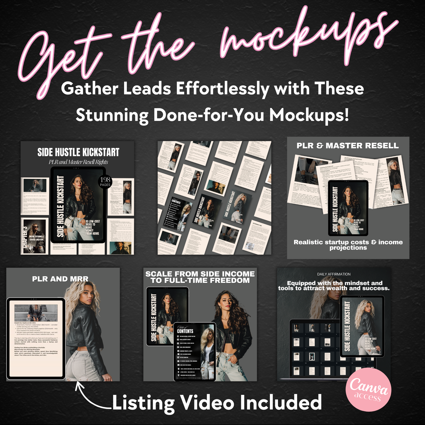 Promotional graphic for done-for-you mockups with text and images on a dark background.
