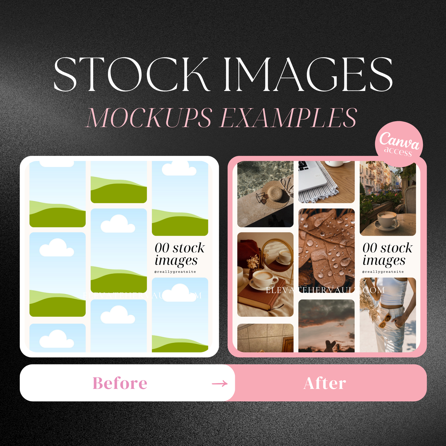 Editable Canva templates preview with before and after comparison for image bundle design – www.elevatehervault.com