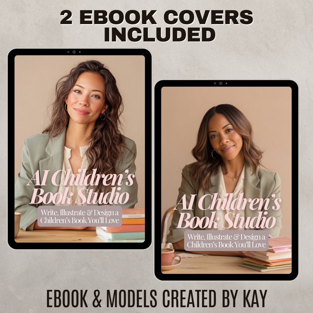Two tablet screens displaying 'AI Children's Book Studio' ebook covers with a woman in a green blazer. www.elevatehervault.com