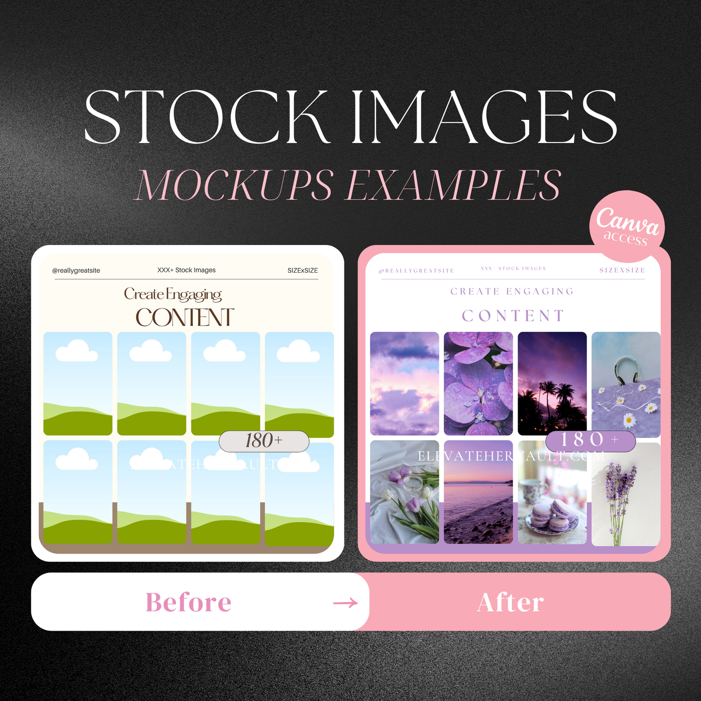 Side-by-side example of stock image mockups with minimal, feminine branding and mobile-friendly layouts. www.elevatehervault.com
