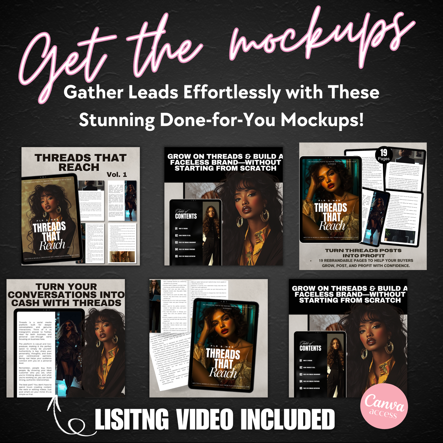 Collection of Threads That Reach PLR mockups showcasing multiple layouts, covers, and pages. Includes Canva access and listing video banner. www.elevatehervault.com