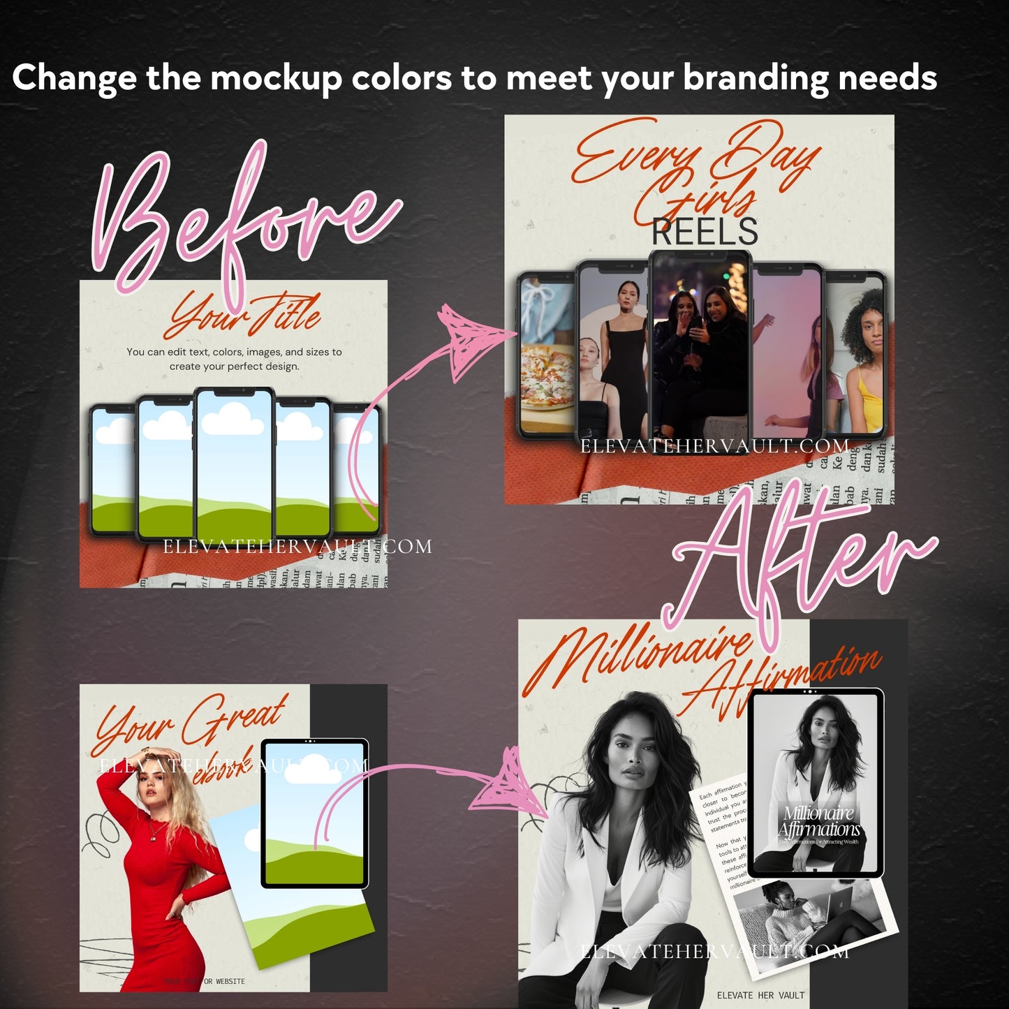 anva Pro before-and-after mockup transformation showing rebranded eBook covers in black-and-white aesthetic. elevatehervault.com