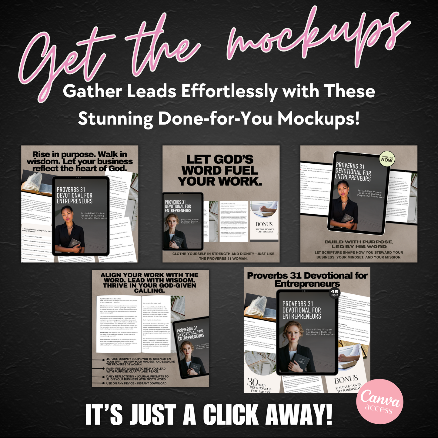 Image mockup bundle showing how to present and resell the Proverbs 31 Guide using Canva templates. www.elevatehervault.com