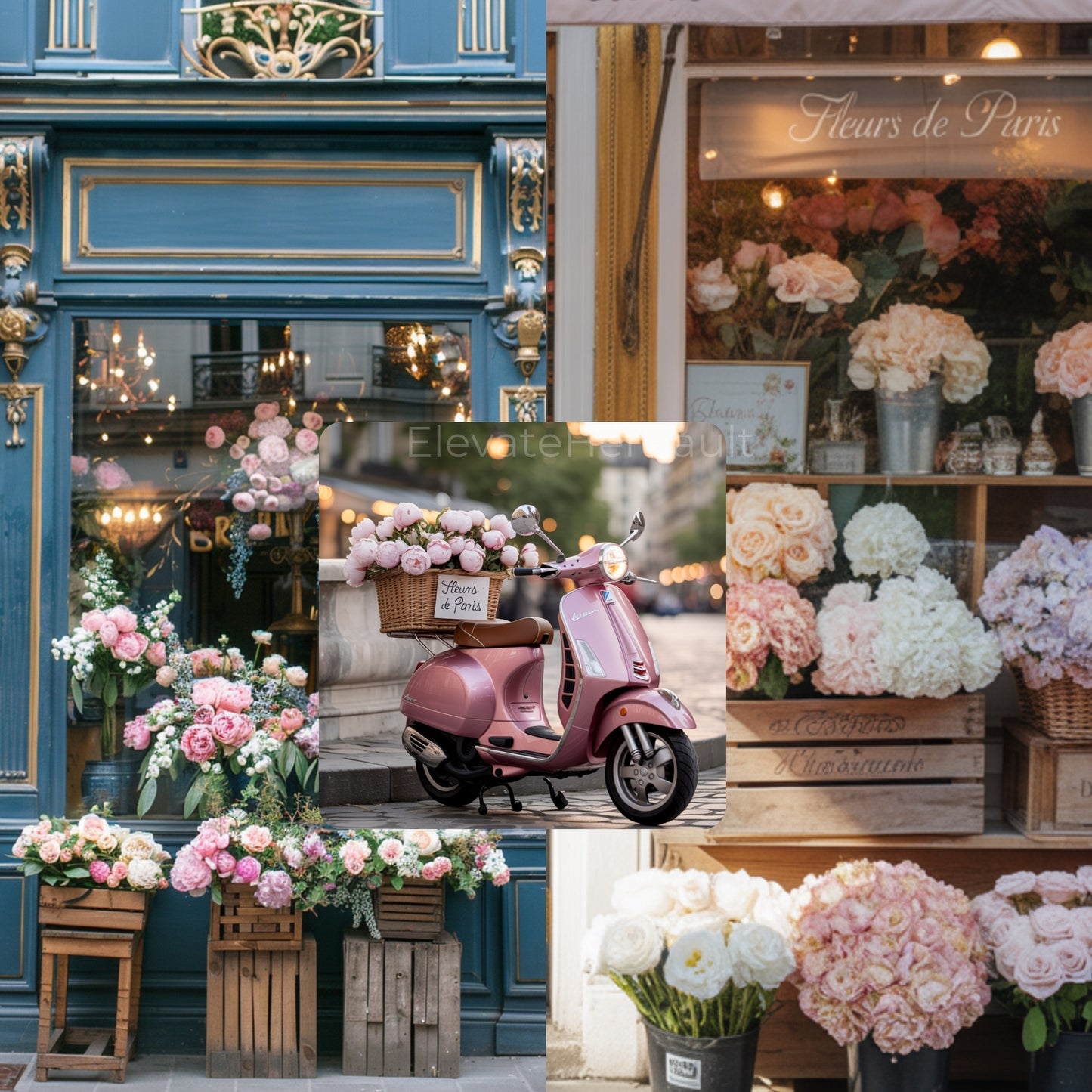 Collage of a flower shop with flowers and a pink scooter. vintage storefront vibes — www.elevatehervault.com