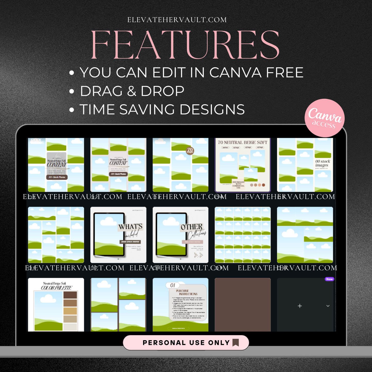 Laptop preview of Canva mockup template pack with editable layouts for stock image sellers – www.elevatehervault.com