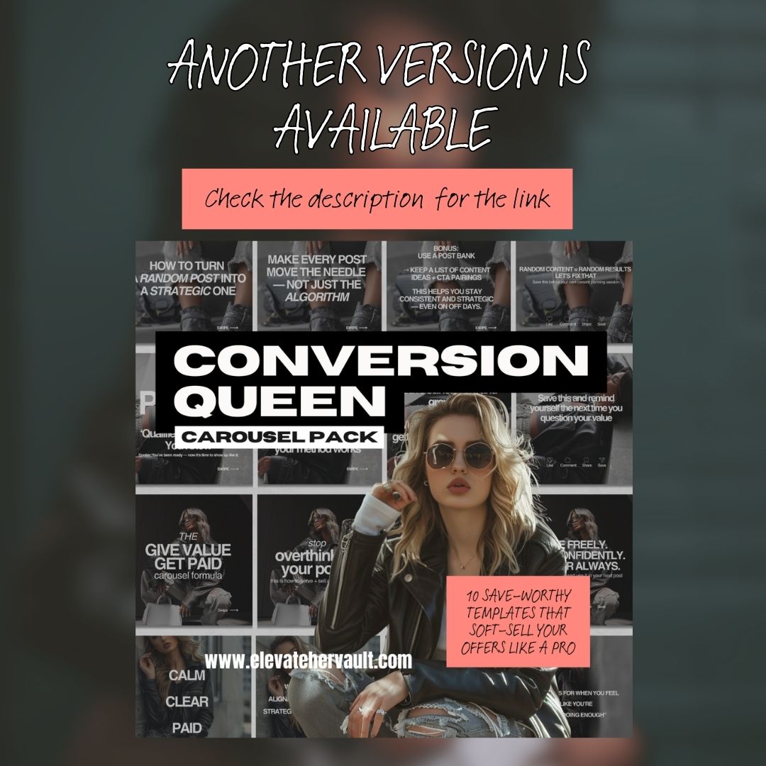 Promotional graphic for 'Conversion Queen Carousel Pack' with a woman in sunglasses and text overlay.