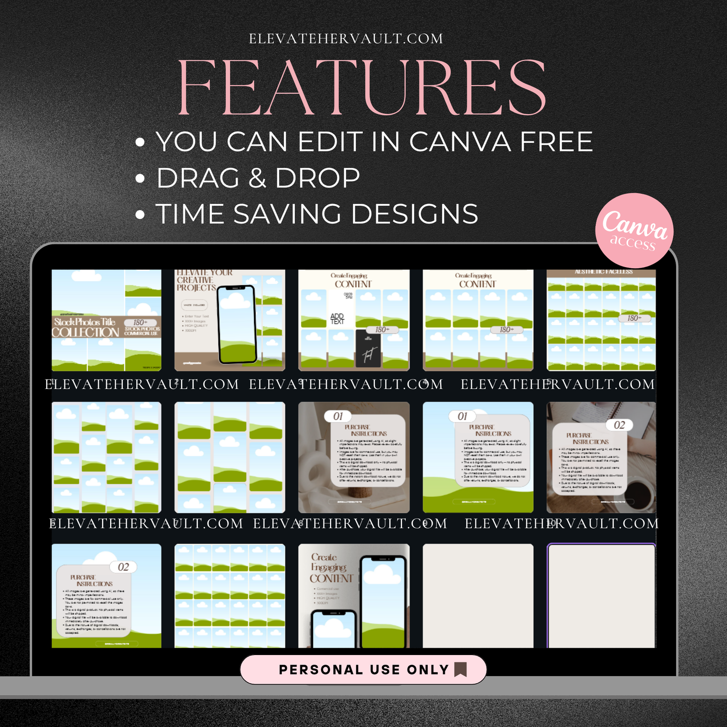 Feature breakdown of all Canva mockups included, highlighting editable layouts and visual options. www.elevatehervault.com