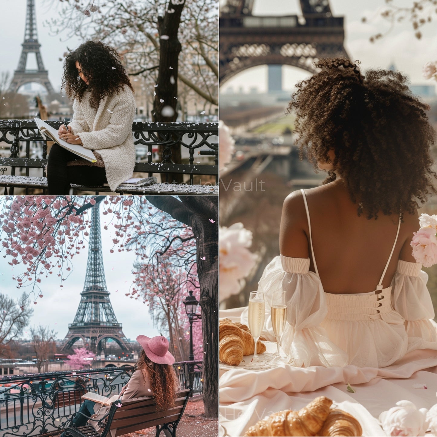 Two scenes from Paris with cherry blossoms and the Eiffel Tower, featuring a woman in a white dress and another in a pink hat. — www.elevatehervault.com