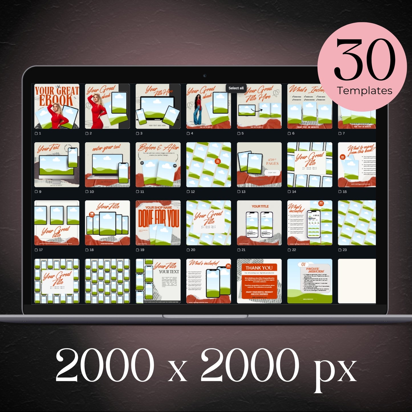 Overview of 30 Canva Pro mockup templates in a grid layout, designed for 2000 x 2000 px product listings. elevatehervault.com
