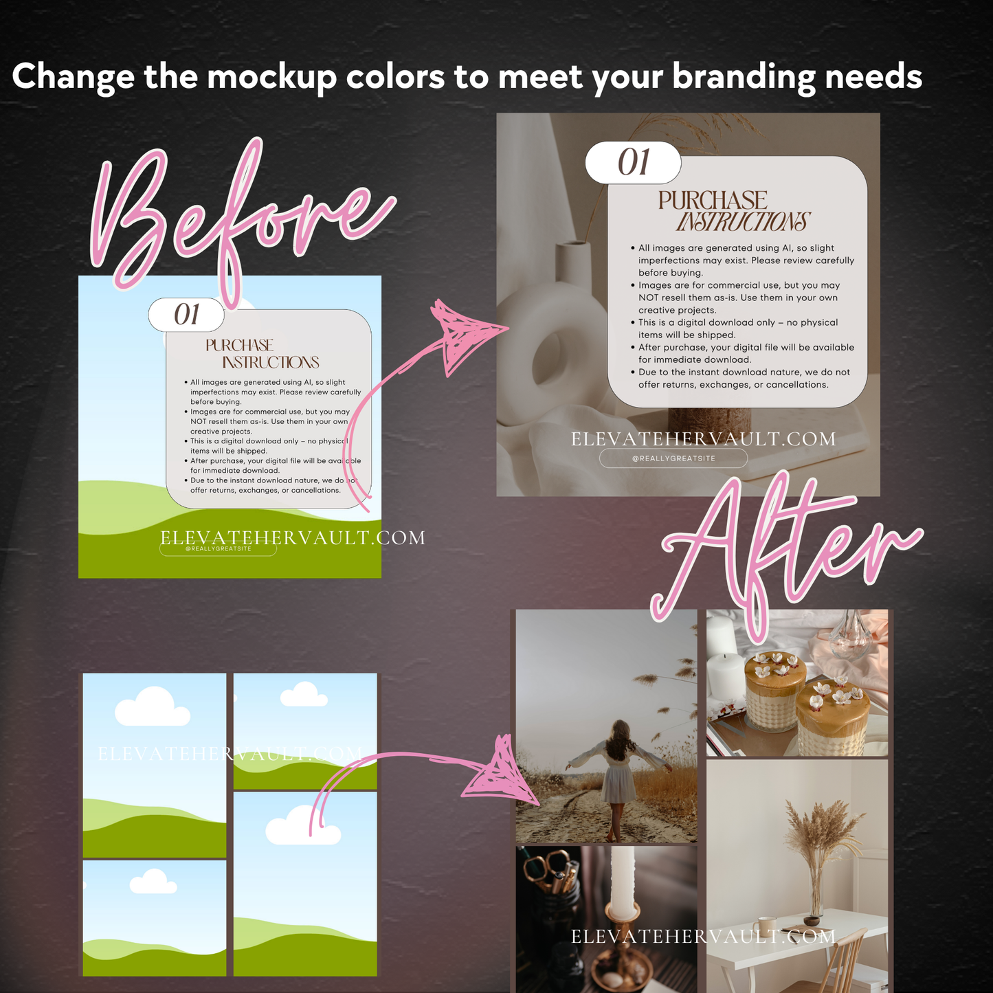 Canva template transformation examples showing how to upgrade stock photo presentations – www.elevatehervault.com