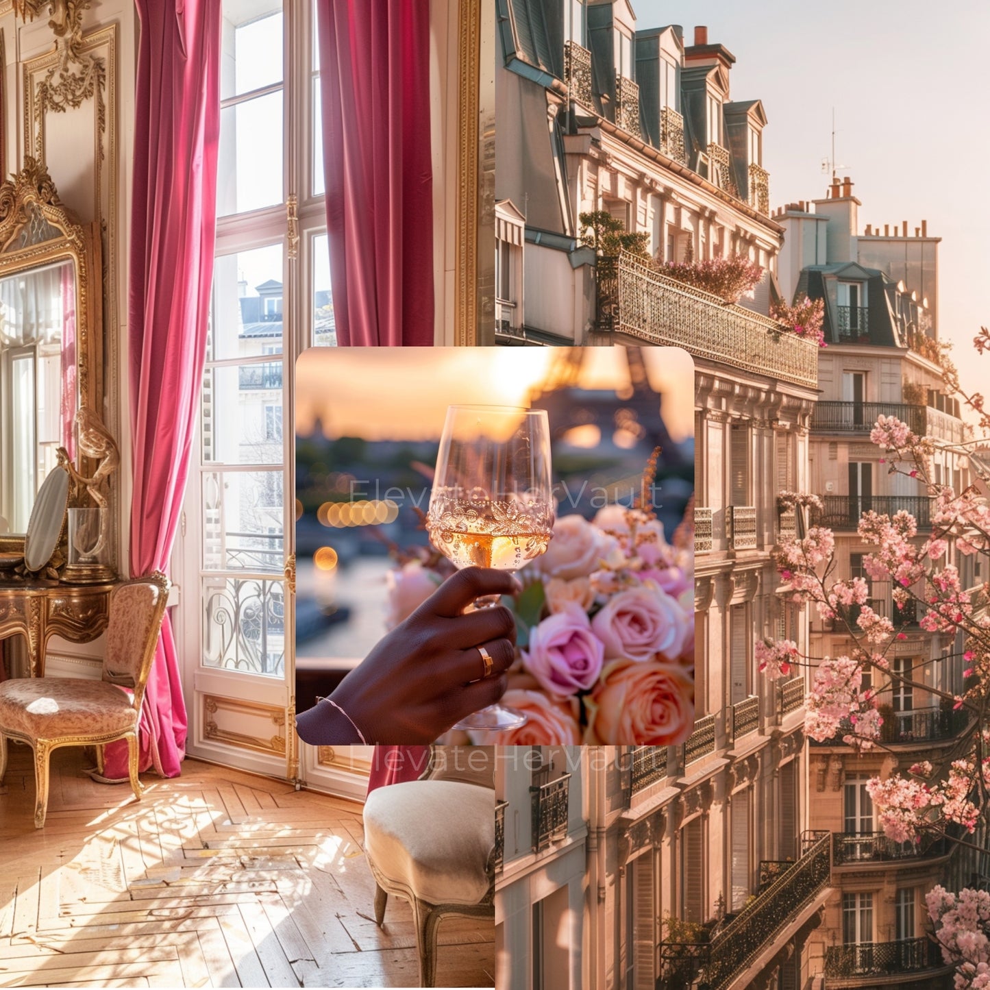 Luxurious interior with pink curtains and a cityscape view, featuring a hand holding flowers.