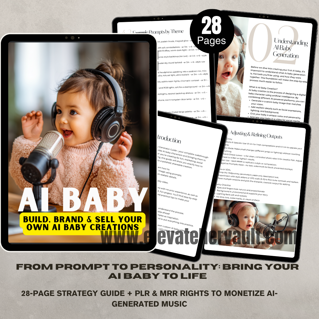 Promotional graphic for 'AI Baby' product with text and images of a baby wearing headphones and holding a microphone.