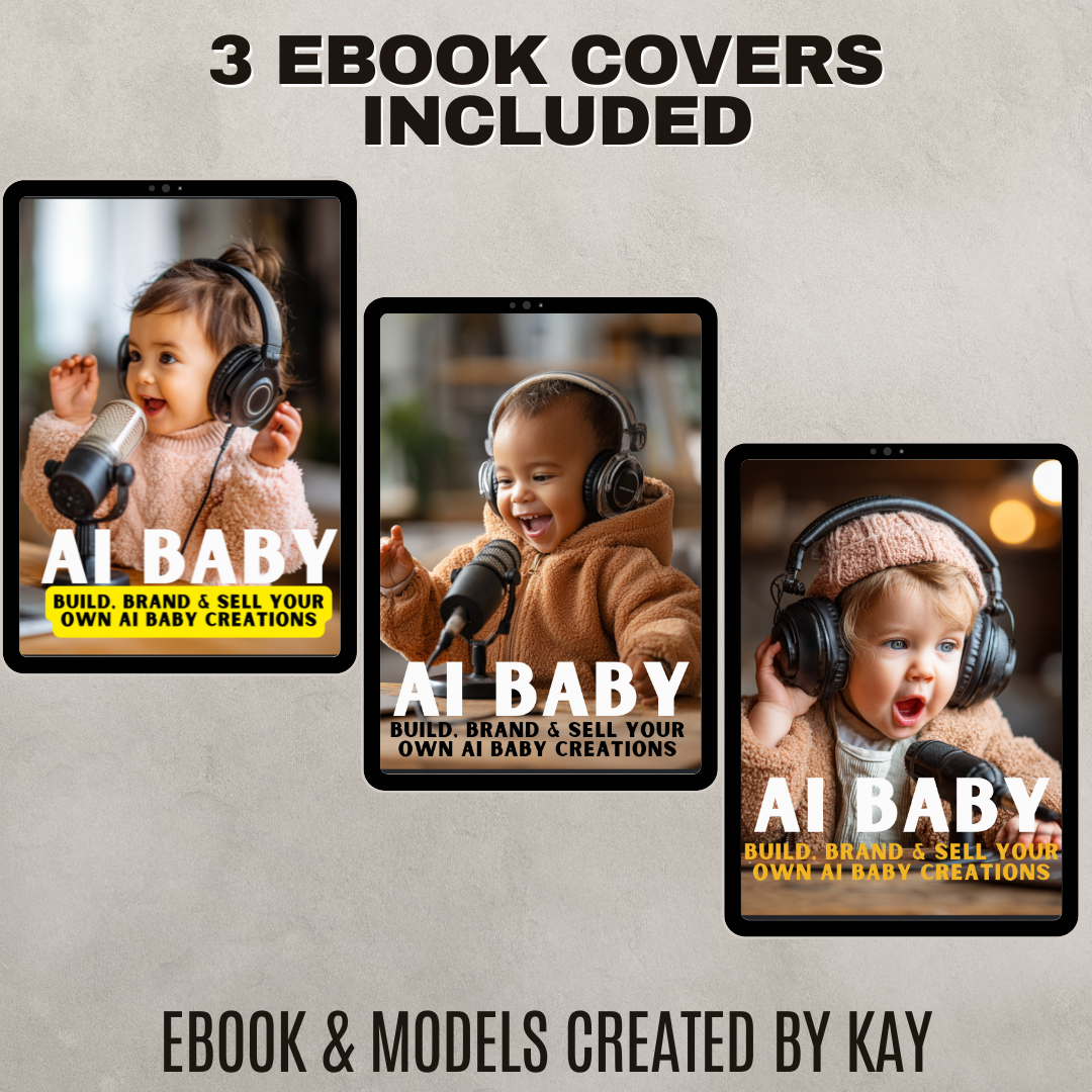 Three eBook covers featuring a child with headphones and microphones, promoting 'AI Baby' creations.
