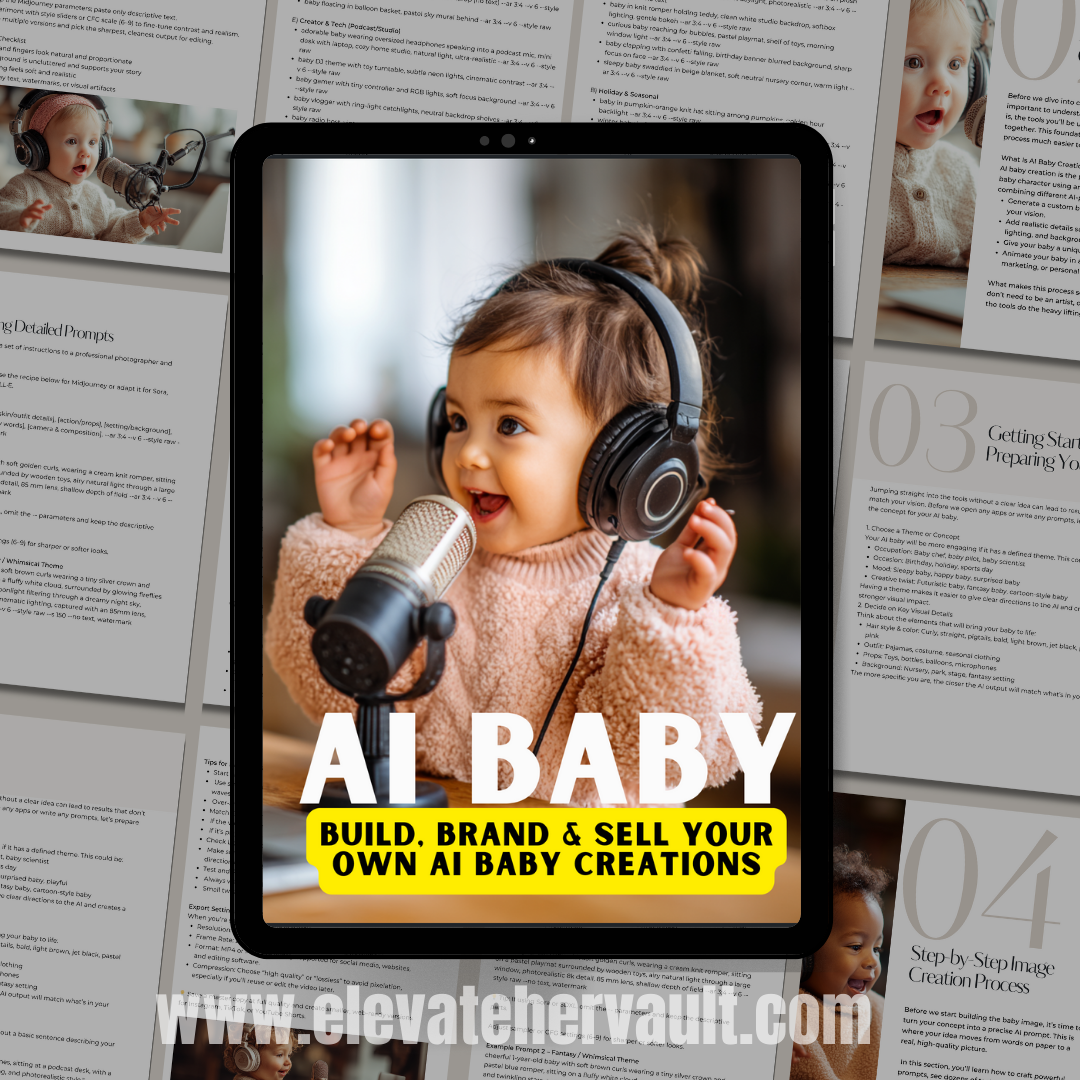 Tablet displaying an advertisement for 'AI Baby' with a child wearing headphones and a microphone, on a background of printed pages. www.elevatehervault.com