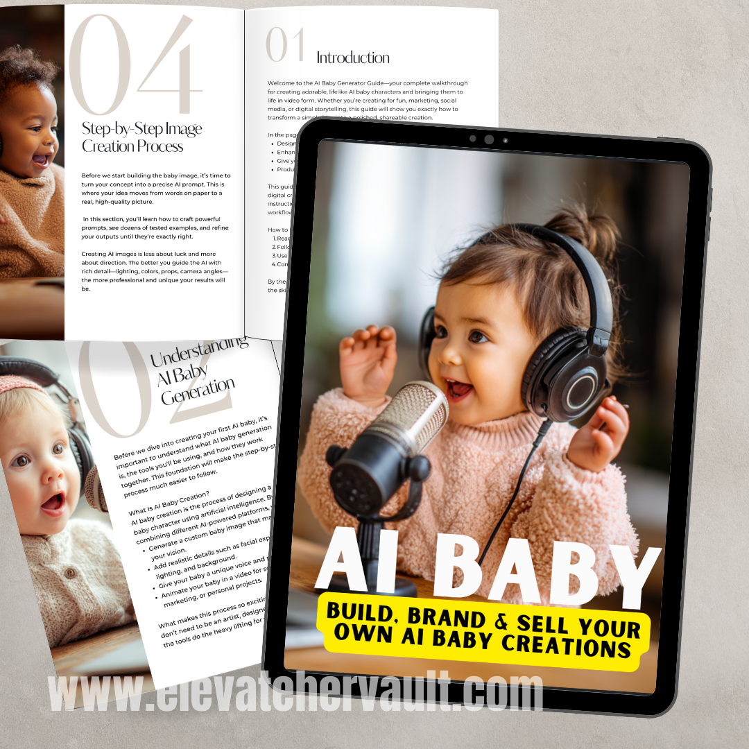 Tablet displaying a child with headphones and a microphone, with text about AI baby creations on a magazine page.