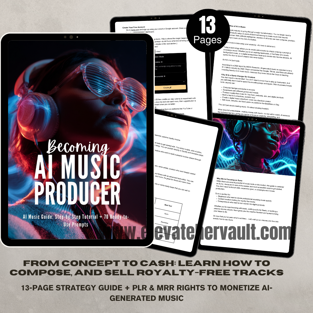 Ebook cover for 'Becoming an AI Music Producer' with a tablet displaying the book and text about its contents.