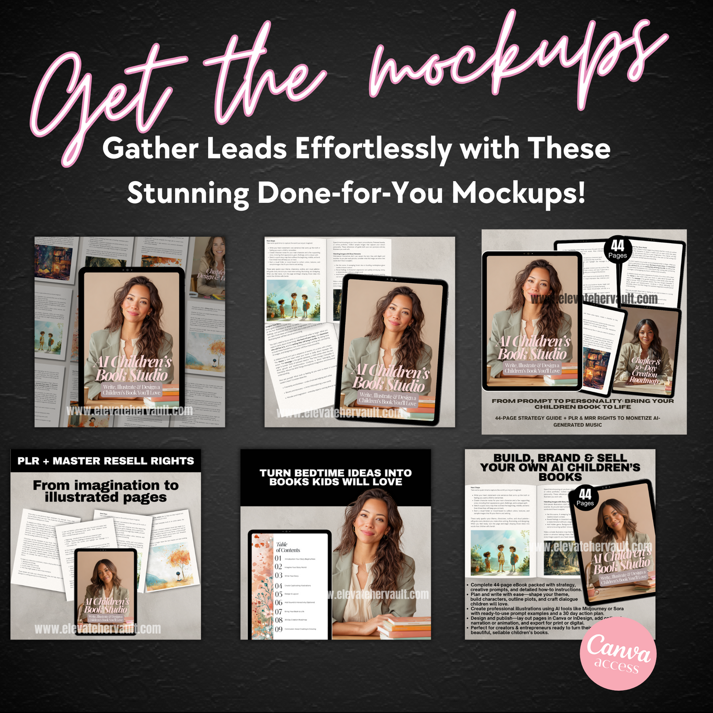 Promotional graphic for done-for-you mockups with text and images of a woman on a dark background. www.elevatehervault.com