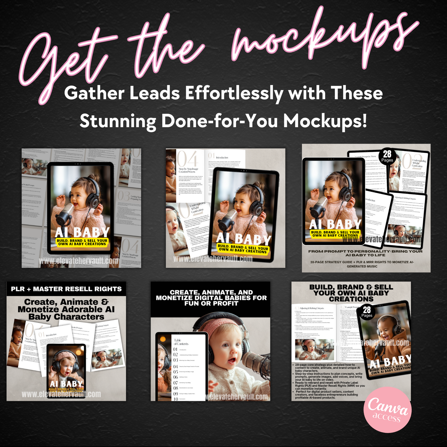 Promotional graphic for AI Baby product with multiple mockup images on a dark background.