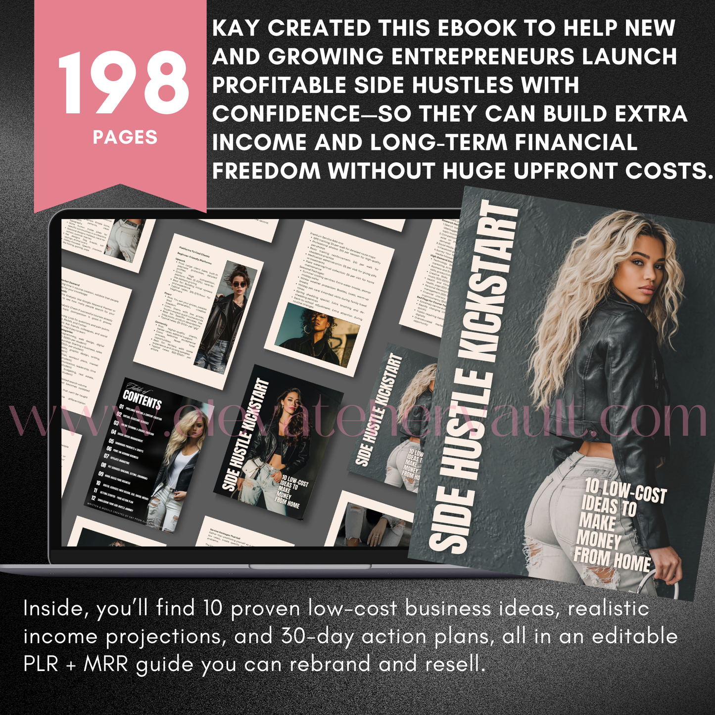Ebook cover with text about helping entrepreneurs launch profitable side hustles and building financial freedom.