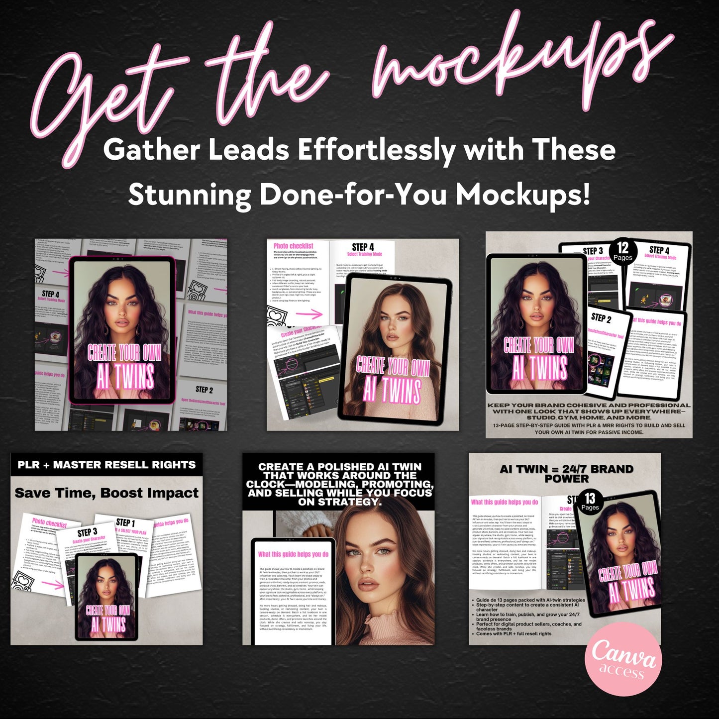 Promotional graphic for done-for-you mockups with a woman's face and text on a dark background.