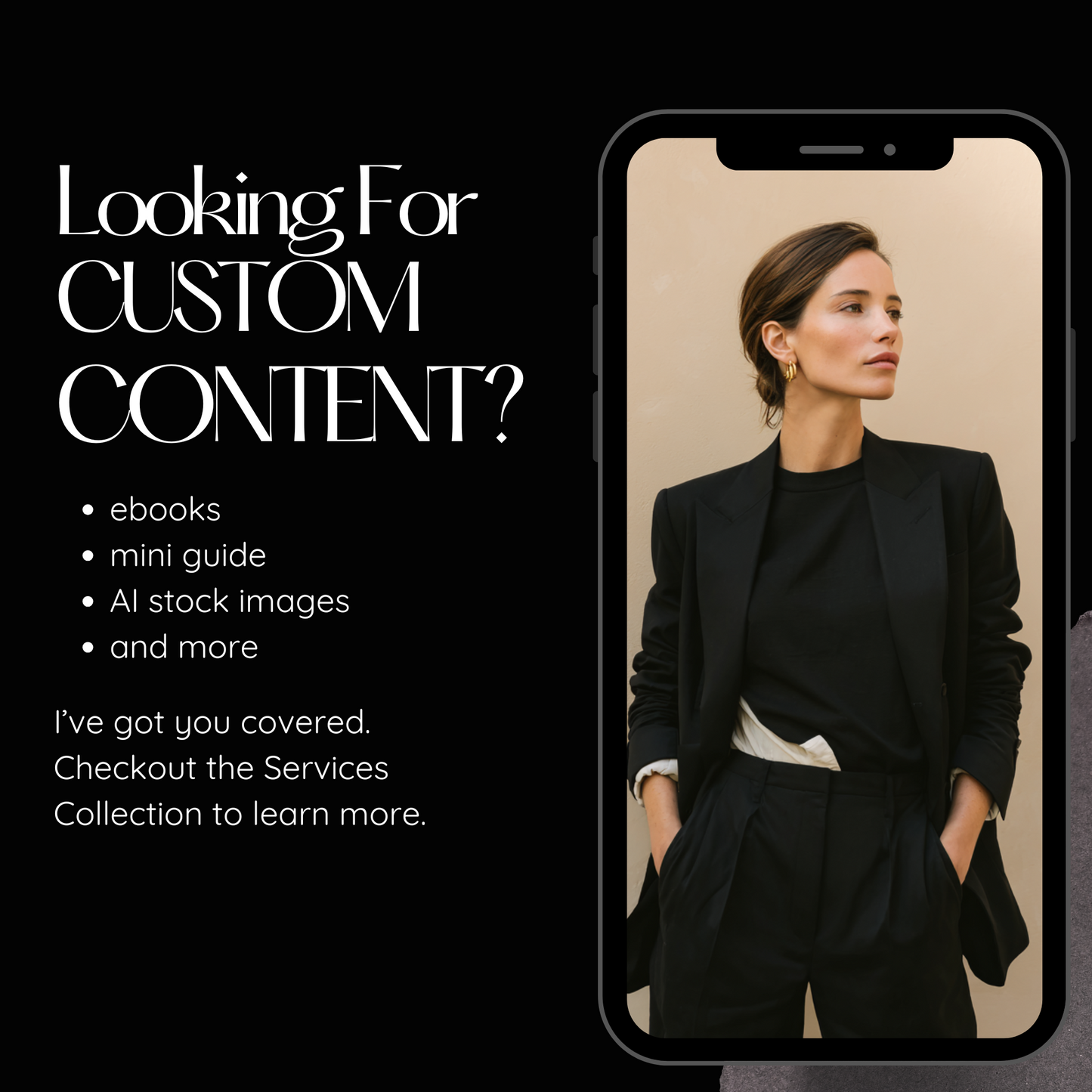 Phone screen displaying a woman in a black outfit with text about custom content services. www.elevatehervault.com