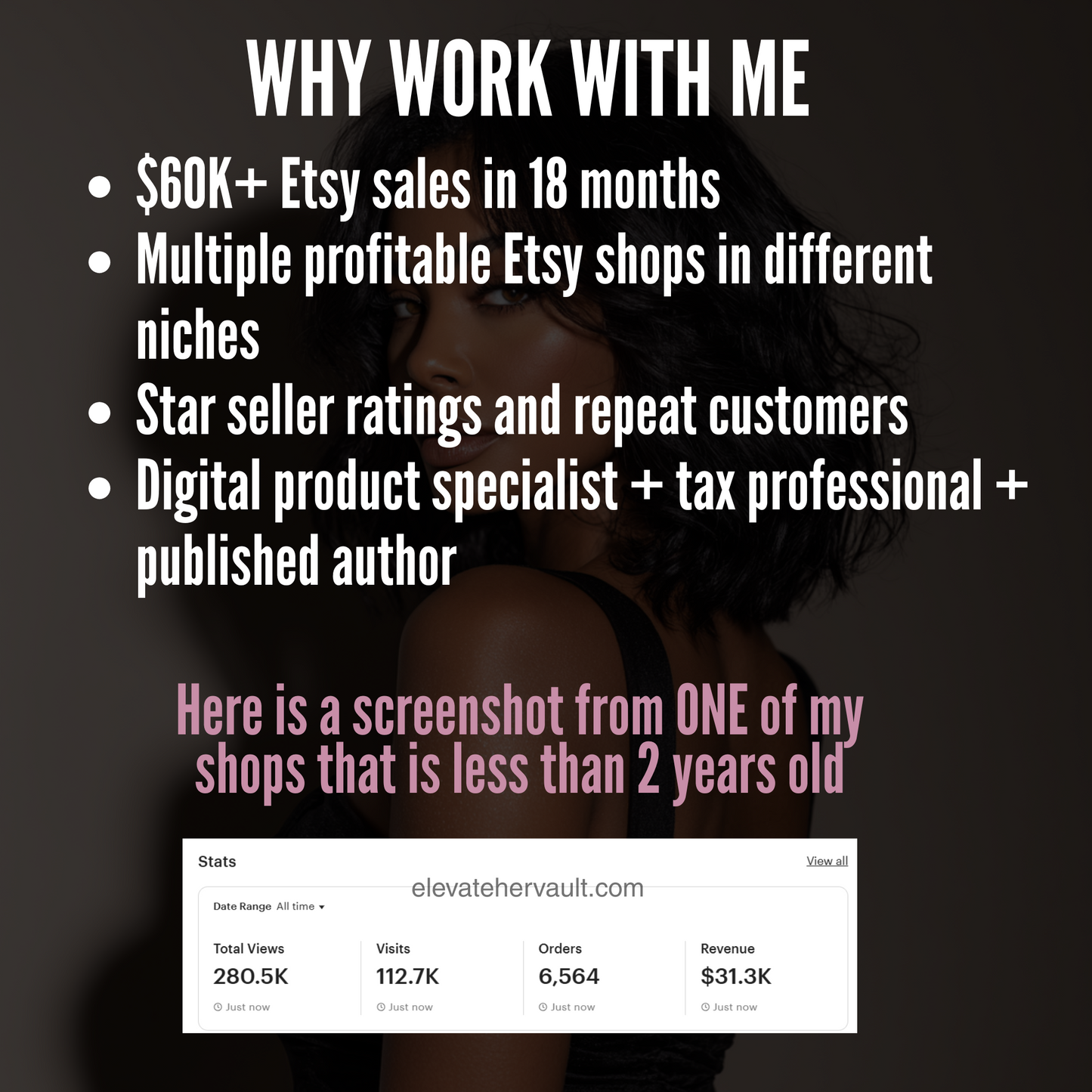 Promotional graphic highlighting success metrics with a person in the background. www.elevatehervault.com